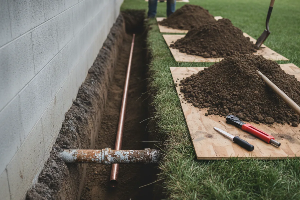 Excavated water line trench during Water Heater Repair in Colrain